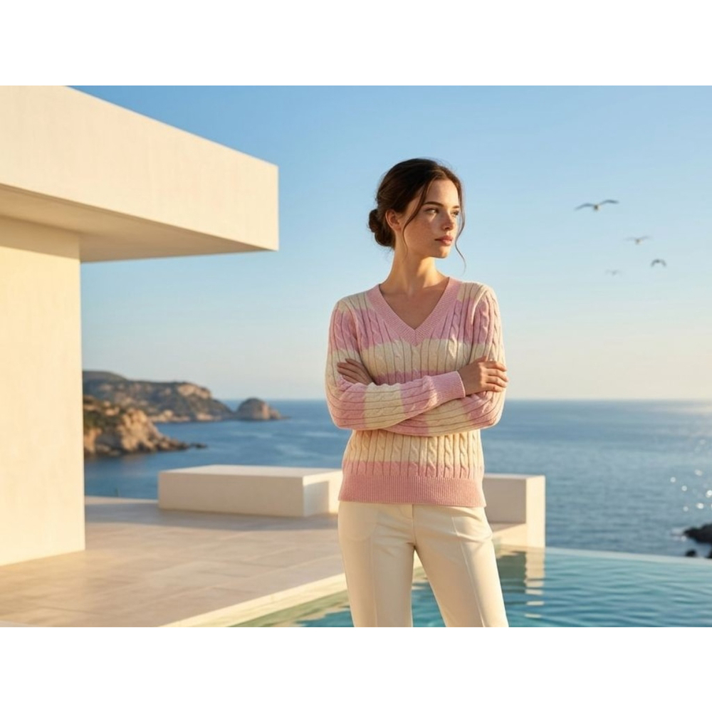 Women's Preppy Vintage Chaps Pink White Striped Cable Knit V-Neck Sweater L